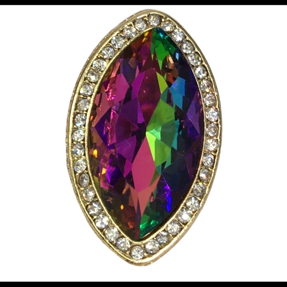 LARGE cocktail ring multi colored iridescent stone &  rhinestones